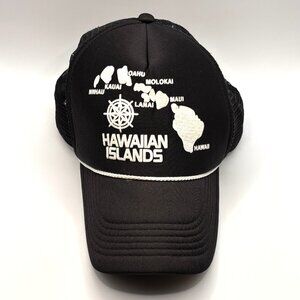 Hawaiian Islands Headwear Hat Snapback Vintage Trucker Mesh Rope Chord Black Cap